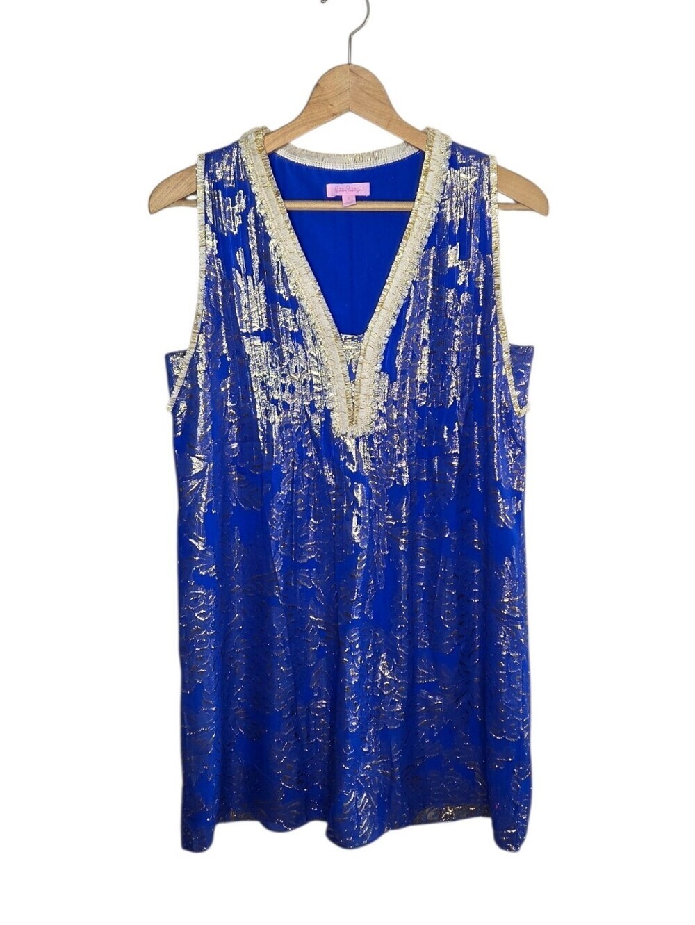 Lilly Pulitzer Cobalt Blue Gold Metallic Tanner Shift Silk Mini Dress Size Small